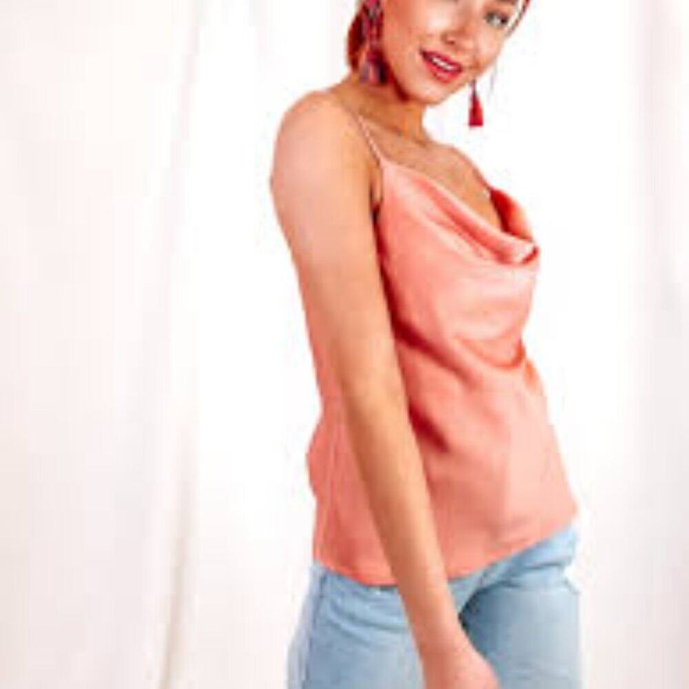 KASIA NEW SILK LIKE ORANGE COWL NECK BLOUSE WITH GOLD STRAPS SIZE SM RETAIL $70